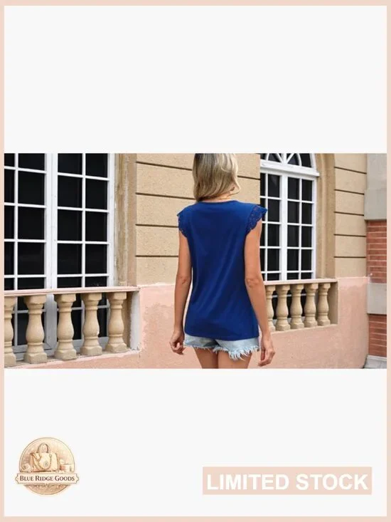 Sleeveless Lace Trim Flutter Ruffle Cap Sleeve Blouse Elegant Chic Summer Casual - Picture 7 of 7